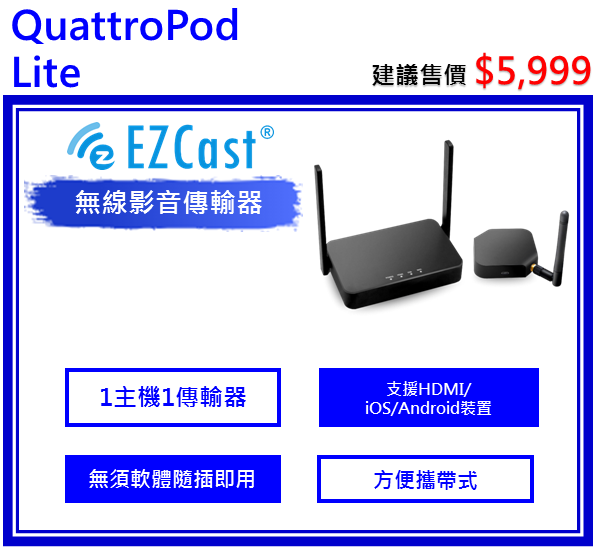 QuattroPod Lite (LR01) 無線影音商用會議簡報器